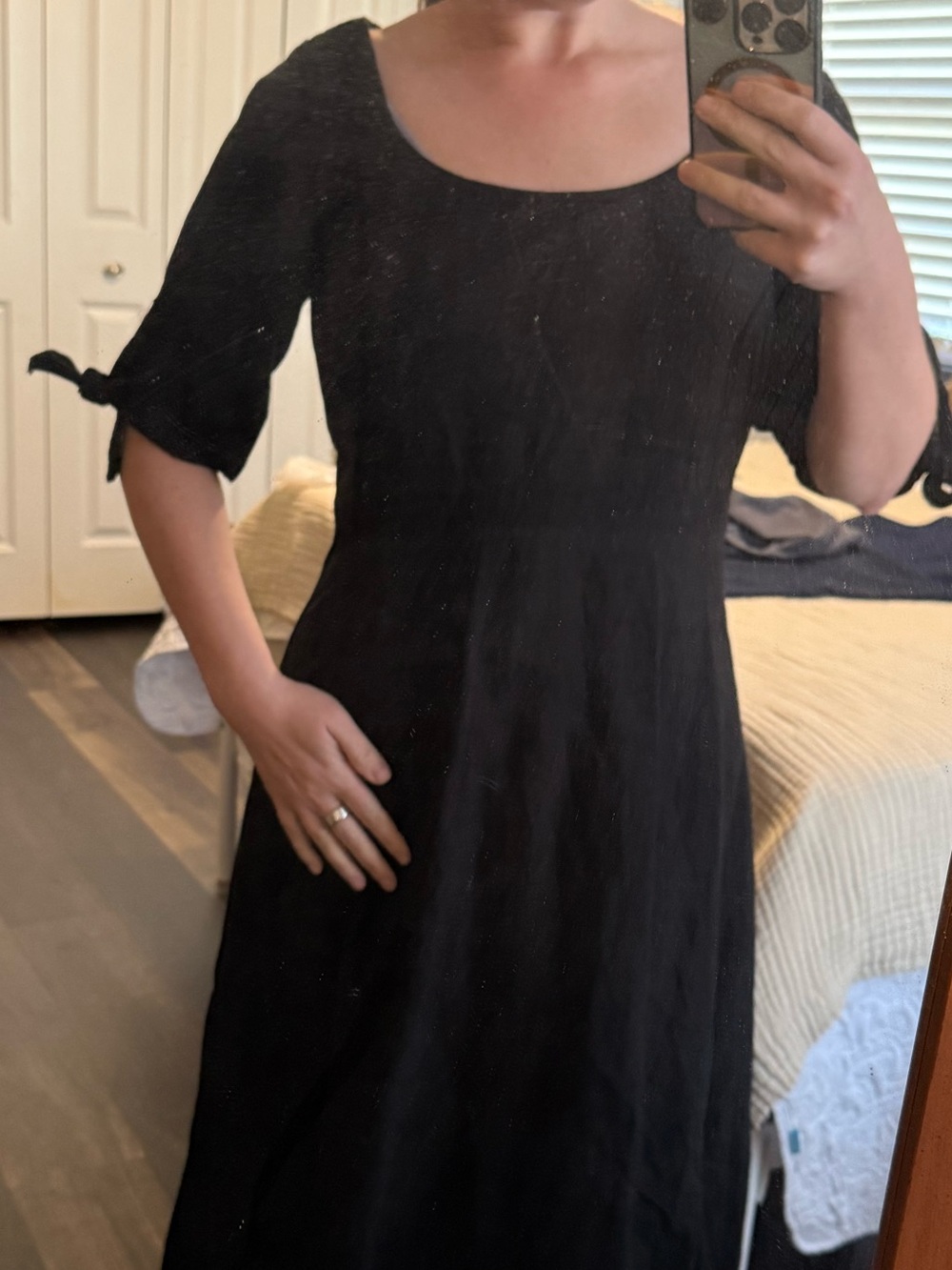 Ann Taylor Black Midi Dress with Tie Sleeves rayon and linen blend - Picture 8 of 9